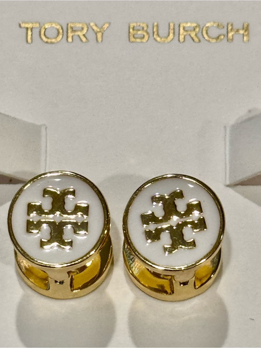 NWT Tory Burch Reversible Gold Tone Double T Logo Pavé & White Enamel Huggie